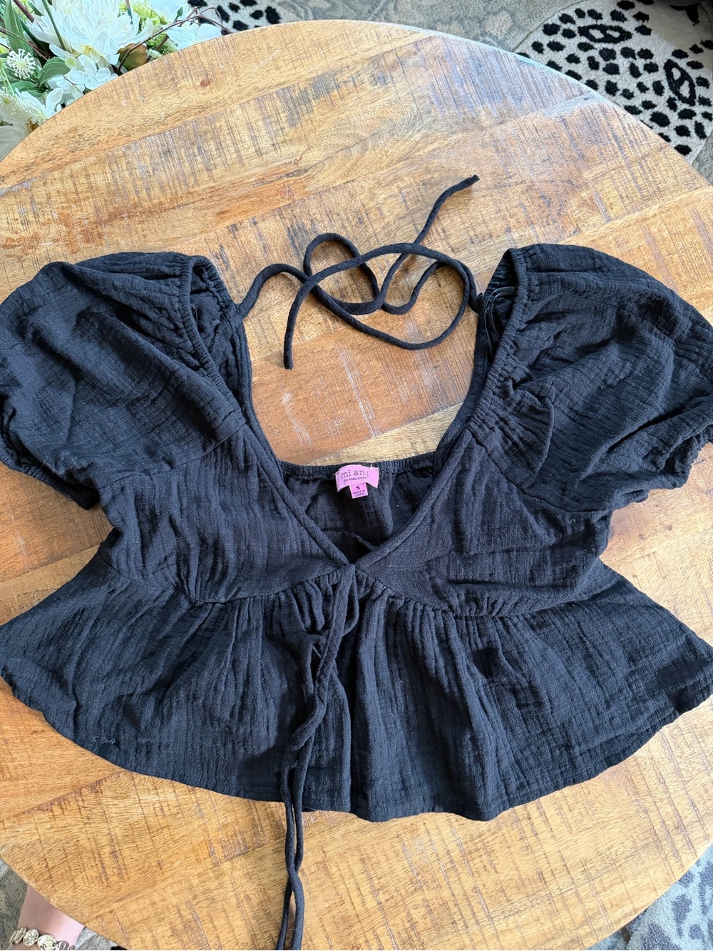 Miami Black Puff-Sleeve Tie-Front Babydoll Top